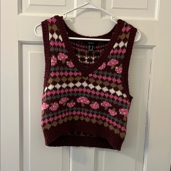 Forever 21 Mushroom Sweater Vest Size Medium Burgandy Color - Picture 1 of 6
